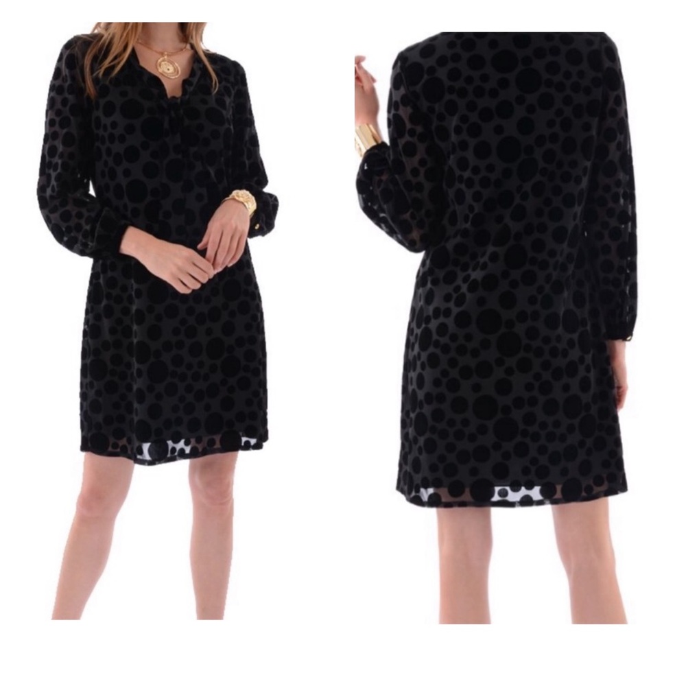 Sail To Sable Black Bow Front Velvet Burnout Polka Dot Dress Semi‎ Sheer Size 6